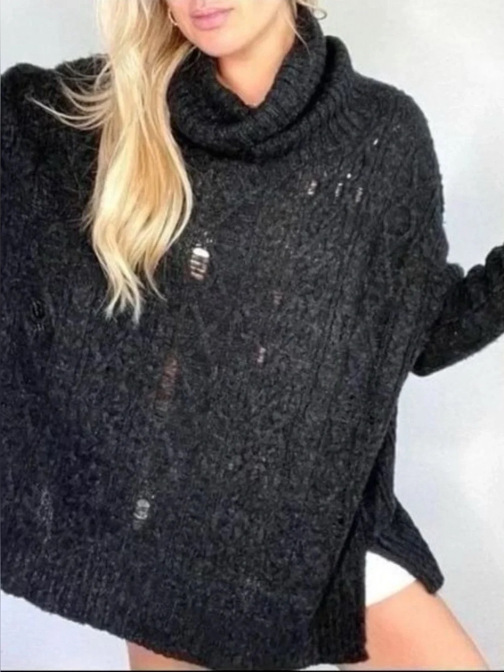Free People Distressed Cable Knit Turtleneck Sweater Oversized Cowl‎ Grey Medium